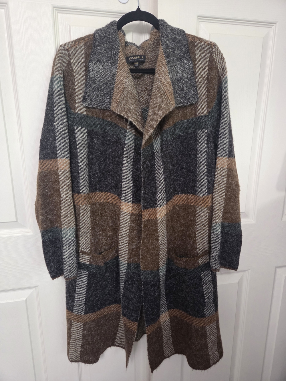 Joseph A Plaid Cardigan Coat in Brown, Gray & Cream